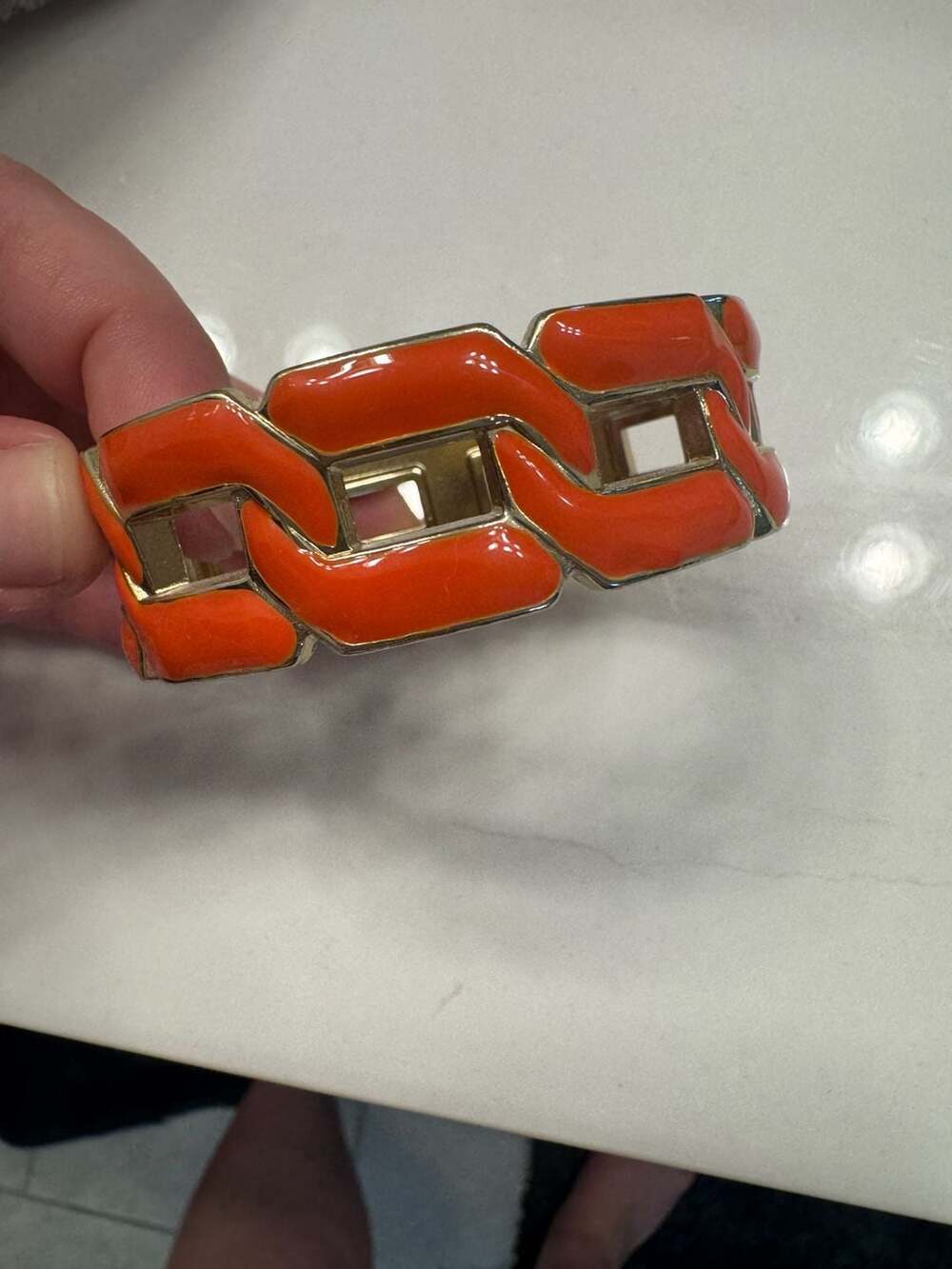 Orange Enamel Gold-Tone Hinged Geometric Link Bangle Bracelet